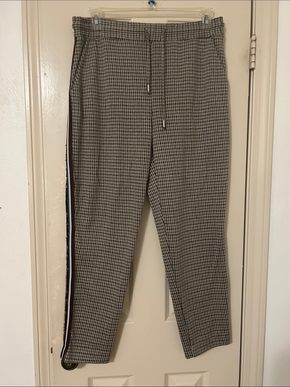 Anthropologie Black and Gray Houndstooth Jogger Pants with Side Stripe